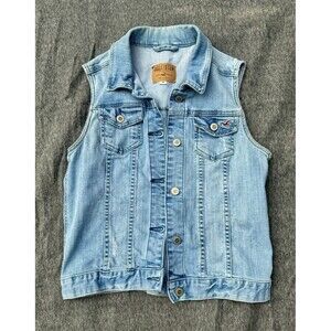 Hollister Womens M Distressed Jean Denim Vest Jacket Western Boho Cottagecore